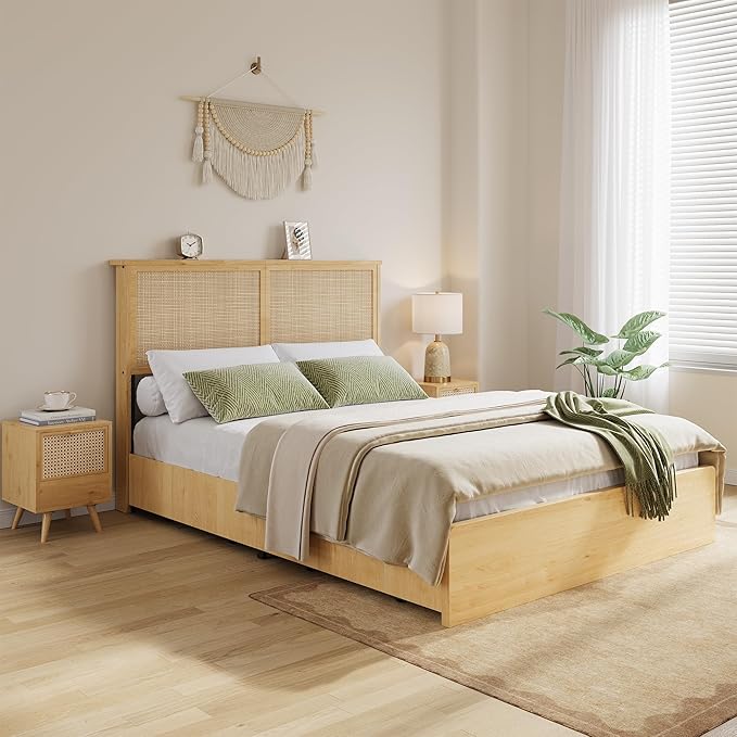 GAOMON Full Size Rattan Bed Frame with 4 Storage Drawer Boho Style Rattan Bed with LED Light &amp Natural Headboard Sturdy Wooden Slats Support No Box Spring Needed