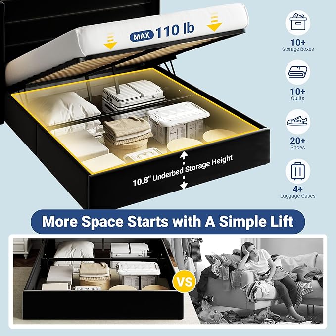 Allewie Full Size Velvet Lift Up Storage Bed Modern Wingback Headboard Hydraulic Support No Box Spring Needed Black