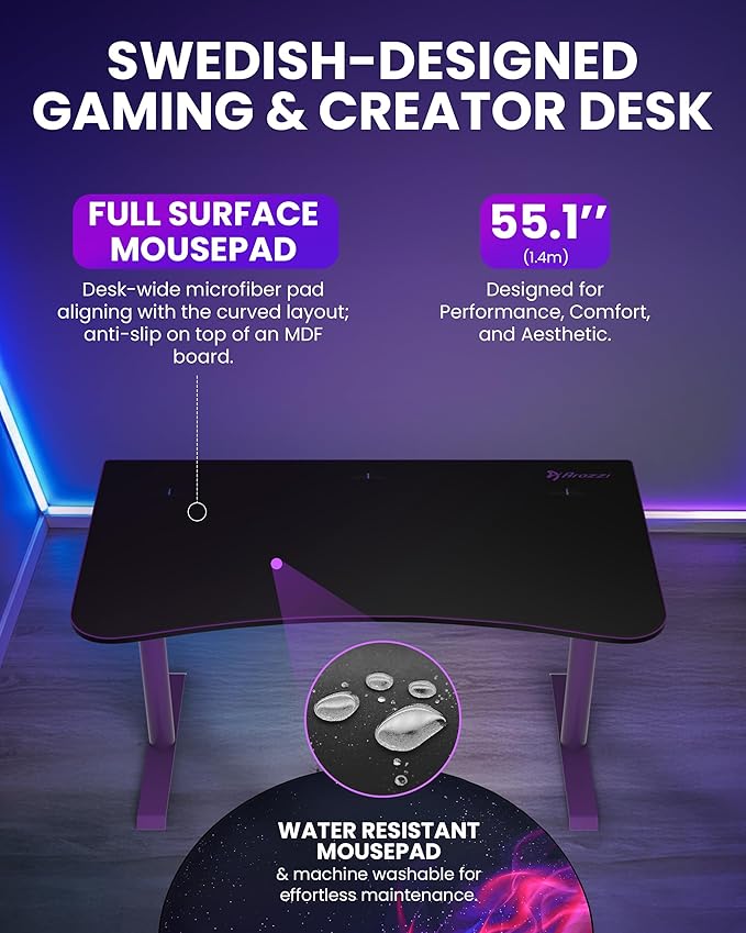 Arozzi Arena Medium Gamer Desk - 55x30” Steel Frame PC Gaming Desk with Storage for Cables &amp Dual-Monitor Support - Full-Surface Washable Mousepad - Purple