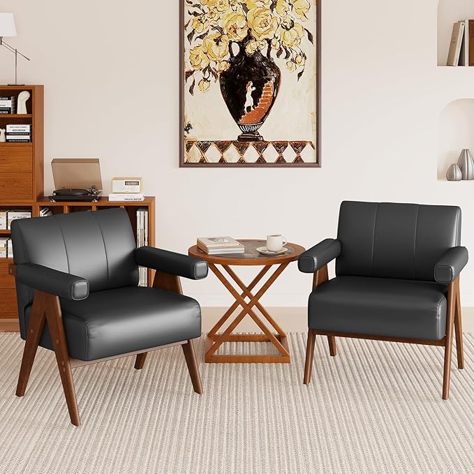 JIASTING Mid Century Modern Accent Chair Set of 2 Black Leather Office Reading Accent Chairs Small Comfy Side Arm Chairs for Living Room Bedroom Wood Arms (2 Black)