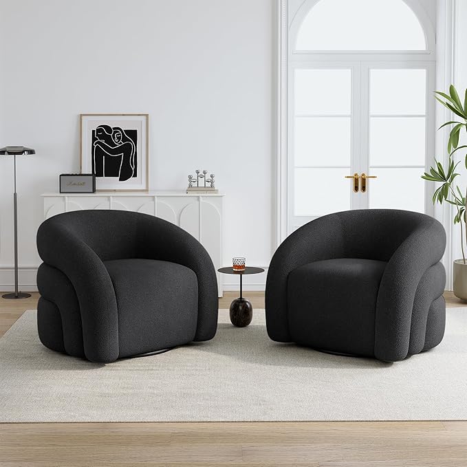 Boucle Swivel Accent Chair Set of 2 No Assembly Small Comfy Round Barrel Armchair for Living Room Bedroom Reading Waiting Room-Grey
