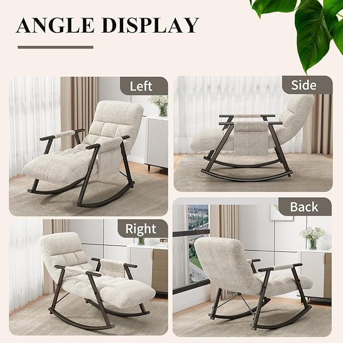 NIOIIKIT Nursery Rocking Chair Teddy Upholstered Rocker Chair with Adjustable Back&ampFootrest Reclining Glider Chair with Side Pocket Tufted Glider Rocker Armchair for Living Room (Beige Teddy)
