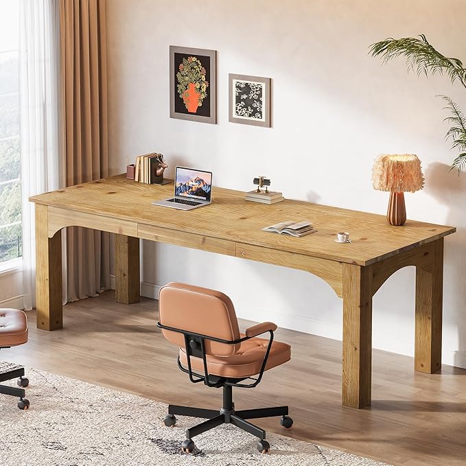 Solid Wood 2-Person Desk 79-Inch Extra Long Desk Double Computer Writing Table Farmhouse Large Table Writing Workstation for Home Office Natural Brown