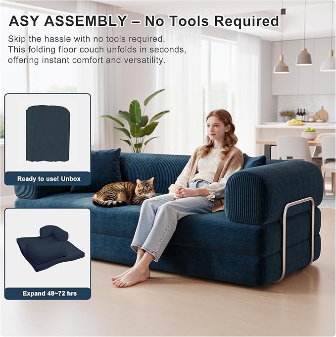 4‑in‑1 Futon Sleeper Bed Queen 78Inch Convertible Floor Sofa Couch with L‑Shaped Armrests Space-Saving Sofa Bed Foldable Mattress Lounge for Living Room Bedroom