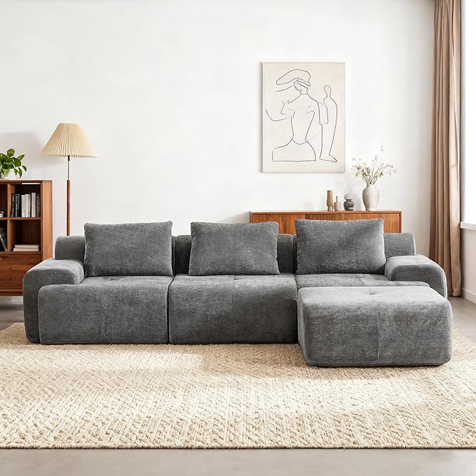 Large Ottoman 37 Inch Rectangle Footrest for Couch with Memory Foam and Chenille Upholstered Plush Floor Seating and Coffee Table for Living Room No Assembly Required Grey