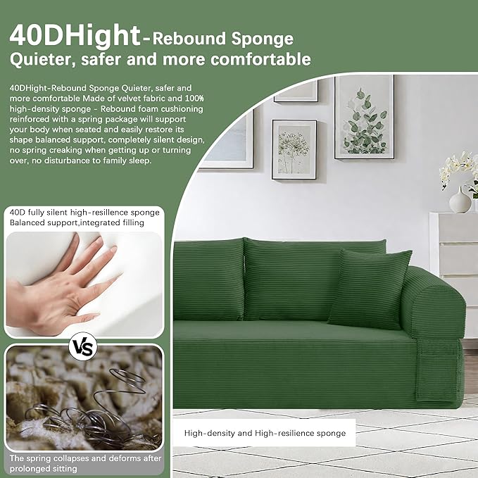 83 Modern Sofa in a Box No Assembly Oversized 3 Seater 28 Deep Seat Cloud Sofa Bed Couch with 4 Furry Pillows &amp Corduroy Fabric Boneless Couch with Side Storage Pockets for Living Room Green