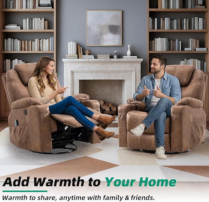 VIVIJASON Manual Massage Rocker Recliner Chair 360° Swivel Glider Lounge Chair with Heat Ergonomic Home Theater Recliner Sofa with 2 Cup Holders Side Pockets &amp USB Ports for Living Room Brown