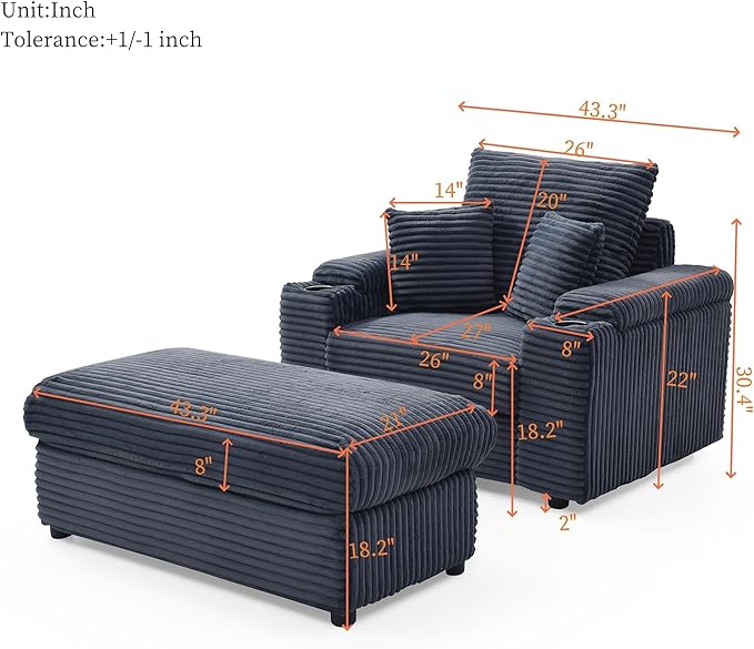 43.3 W Corduroy Chaise Lounge Chair with with Cup Holders &amp Storage Ottoman Comfy Sleeper Chair with 2 Pillow Extra Wide Armrests Modern Deep Seat Reading Armchair for Living Room (Gray)