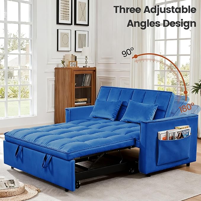 Convertible Sofa Bed Pull Out Couch with Side Pockets 3 in 1 Velvet Fabric Loveseat Sleeper Sofa Bed Pull Out Couch with Adjustable Backrest for Living Room Bedroom Apartment Blue