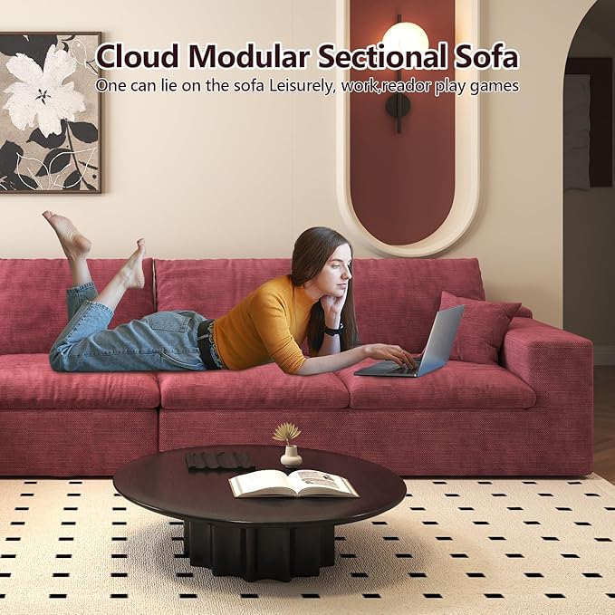 136.6'' U-Shaped Modern Modular Sectional Cloud Couch Whit Ottoman 4-Seat Chenille Deep-Seat Sofa with Pillow for Living Room Bedroom Apartment Wine Red