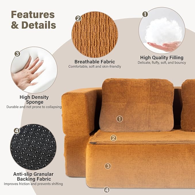 78 Convertible Sofa Bed with Blanket Boneless Cloud Couch Queen Scott Fabric for Living Room Bedroom Modular Loveseat with High-Density Solid Sponge No Assembly Brown