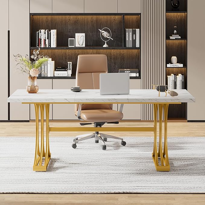 Tribesigns 63 White Gold Desk Modern Office Desks with Faux Marble Tabletop Large Modern Executive Desk Computer Desk with Trestle Legs