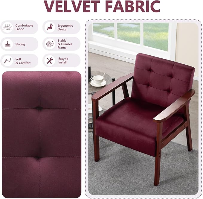 Anwick Mid-Century Accent ChairModern Velvet Living Room Chair with Solid Wood FrameComfy Armchair Lounge Reading Chairs for Bedroom Office Small Spaces (Wine Red)