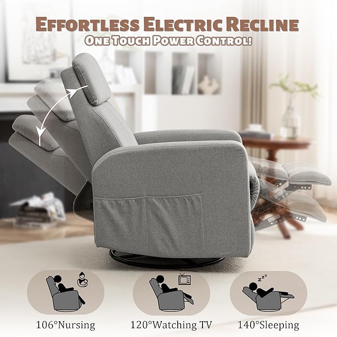 Power Swivel Recliner Chairs for Adults Electric Glider Rocking Chair Nursery Glider Recliner Nursery Chair with Classified Side Pocket Nursery Rocking Chairs with USB and Type-C Ports