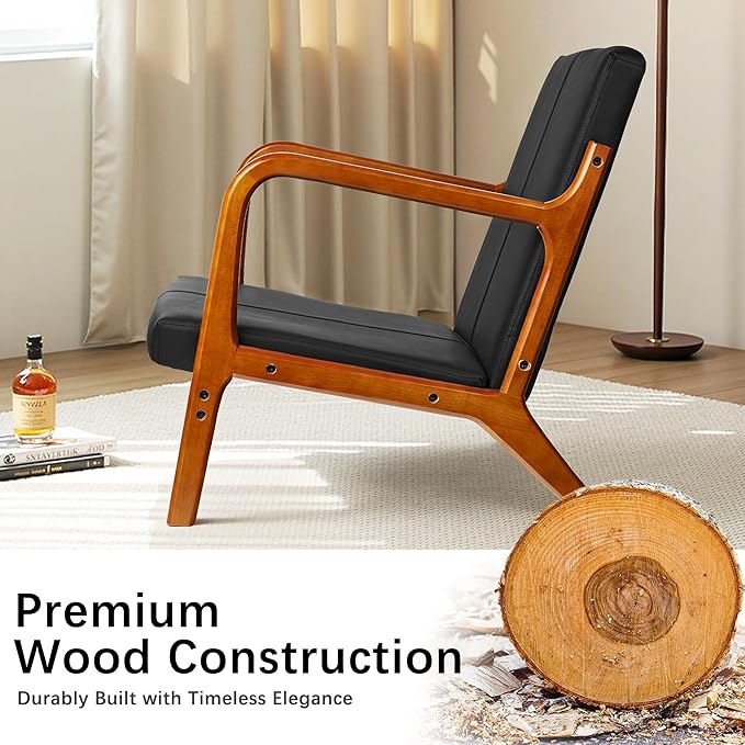 VECELO Mid-Century Modern Accent Chair with Faux Leather Cushion &amp Solid Wood Frame Lounge Armchair for Living Room Bedroom Office Black