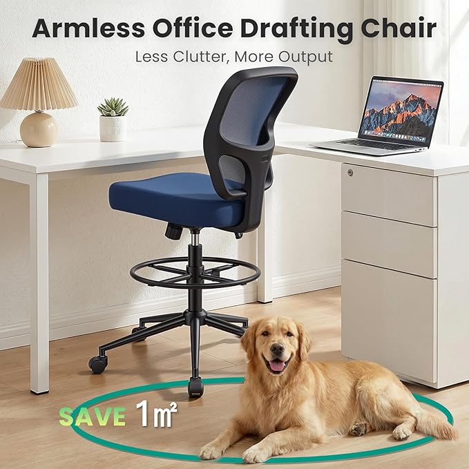 Armless Drafting Chair Tall Office Chair for Standing Desk - Adjustable Height Mesh Ergonomic Drafting Stool with Foot Ring &amp Wheels Rolling Counter Height Computer Chair for Home Office