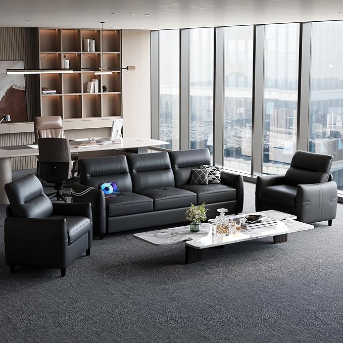 STHOUYN 85” Black Faux Leather Couch with USB 3 Seater Sofa for Living Room Large Mid Century Modern Office Couch for Apartment Bedroom