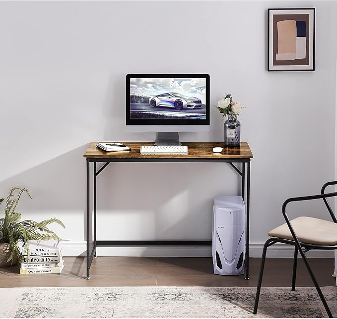 ivinta Computer Desk Industrial Home Office Desk with Metal Frame 40 Workstation for Small Spaces Living Room Bedroom Single (Vintage Easy Assemble)