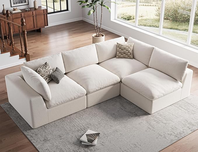120 Cloud Sectional Couch | Oversize Boneless Couches for Living Room | 4 Seater Modern L-Shape Sofa | Ivory White