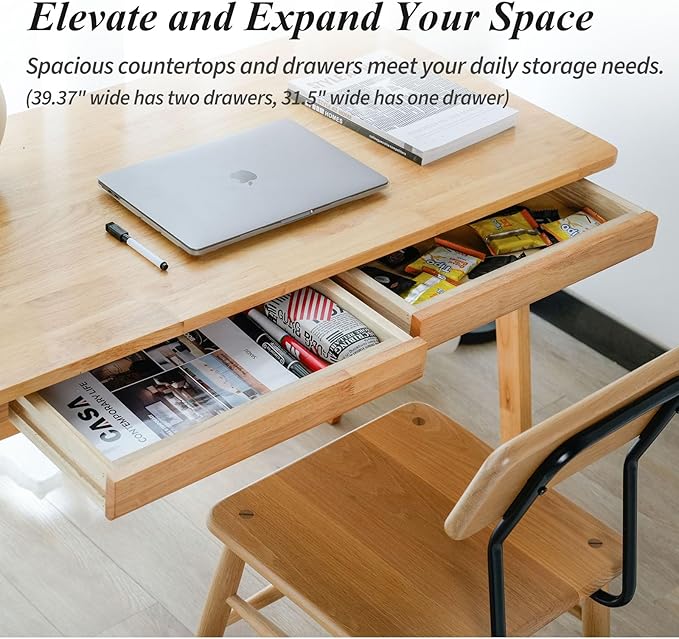 Computer Desk with Drawers Solid Wood Writing Desk Mid Century Modern Home Office Desks Oak Study Table Small Desk for Bedroom 29.1 H x 39.4 W x 21.7 D Inches Natural