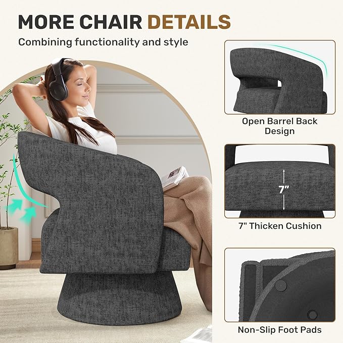 Swivel Accent Chair Set of 2 Modern Comfy Chenille Barrel Chairs Oversized Upholstered Round Arm Chair for Living Room Bedroom Reading Room Black