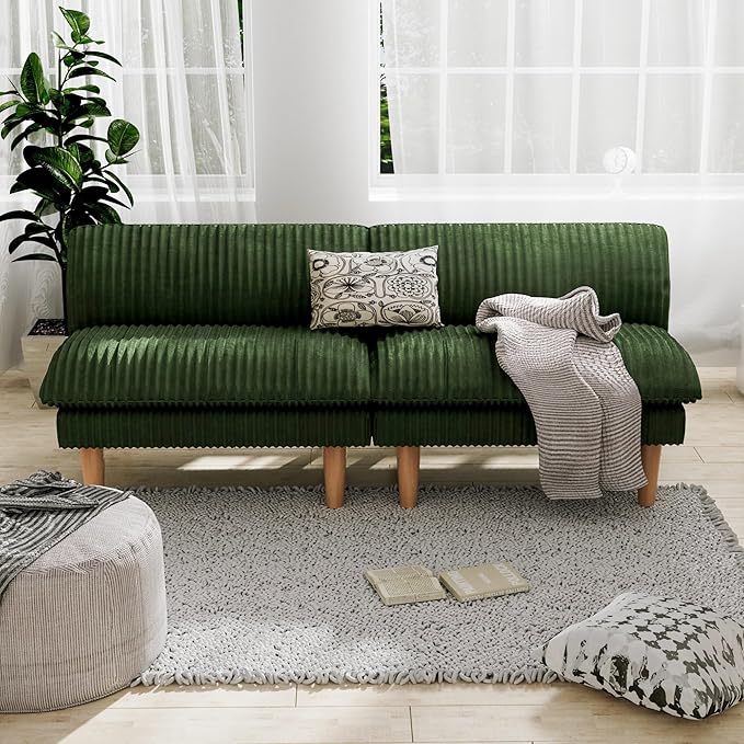 3 Sets 69 Futon Sofa Bed 4 in 1 Multi-Function Couch Sleeper with Adjustable Backrest Modern Convertible Futon Recliner Small Loveseat for Living Room Plush Green