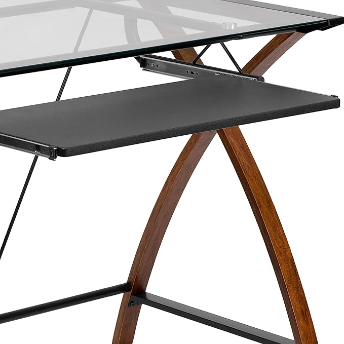 Flash Furniture Jude Tempered Glass Computer Desk with Pull-Out Keyboard Tray and Crisscross Frame Small Computer Desk for Home Office Cherry/Clear