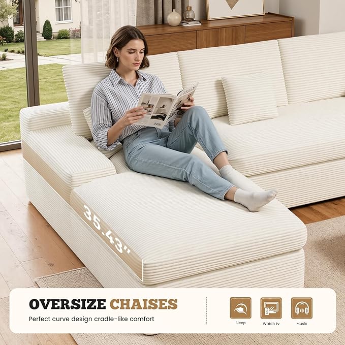112 Modular Sectional Sofa for Living Room Convertible L-Shape Couch with OttomanCloud Boneless Couch with Layered CushionBeige Corduroy
