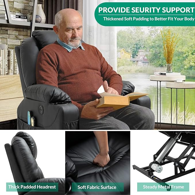 VIVIJASON Power Lift Chair Electric Recliner for Elderly Heated Vibration Massage Faux Leather Recliner Chair with 2 Remote Controls Cup Holders Side Pockets &amp USB Ports for Living Room (Black)