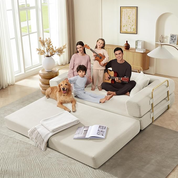 Folding Sofa Bed Convertible Corduroy Fabric Comfy Loveseat Sleeper Bed Modular Foam Compression Sofa Couch Floor Lazy Chaise Lounge for Guest Room Living Room Studio (Beige)