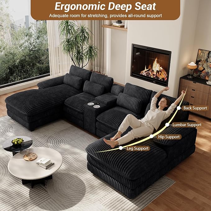 133 Oversized U Shaped Cloud Couch Modular Sectional Couches for Living Room Comfy Corduroy Deep Seat Sofa Set with Double Chaise Lounge Storage Central Console Cup Holders USB Port Black