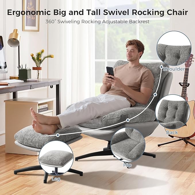 Swivel Accent Chair with Ottoman 400lbs Capacity &amp Easy Assembly Oversized 360° Swivel Rocker Recliner Comfortable Swivel Chair for Living Room Bedroom Office Grey Chenille