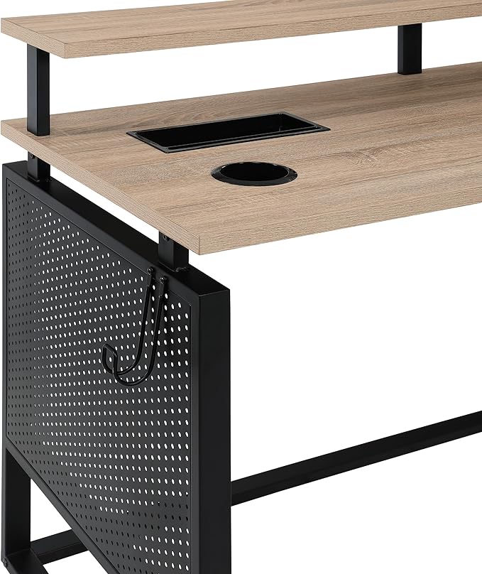 OSP Home Furnishings Ace Contemporary Modern Home Office Desk with Shelf L-Shape with River Oak Finish