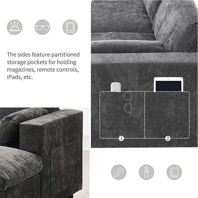 kevinplus 86.5'' Sectional Sofa Couch with Ottoman for Living Room Modern Contemporary 3-Seat Sectional Sofa Couch for Apartment Chenille Fabric Dark Gray