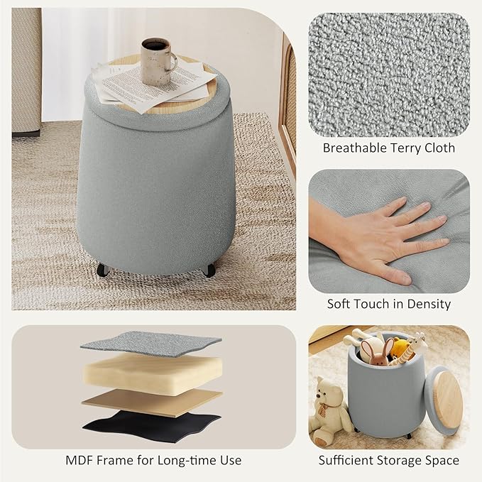 Storage Ottoman with Wheels 15W Swivel Rolling Foot Stool Boucle Terry Fabric Coffee Table Ottoman with Hidden Storage Round Vanity Stools for Makeup Room Living Room Bedroom Entryway Dorm Grey
