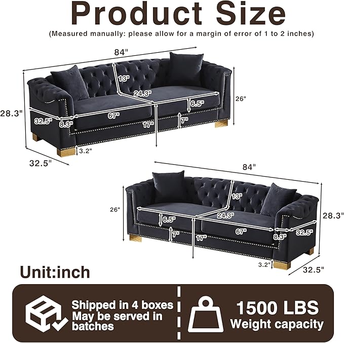 KEIKI 6 Seat Chesterfield Sofa Upholstered 3+3 Seat Couch with Rolled Arm Modern Combination Sofa for Living Room Bedroom Office Black