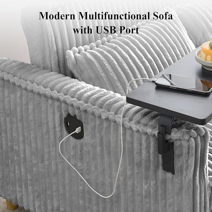 3 in 1 Pull Out CouchCorduroy Upholstered Convertible Sleeper Sofa Bed with Movable Side Table Modern Multifunctional Sofa with USB Port Cushioned Couch for Living Room (Gray)
