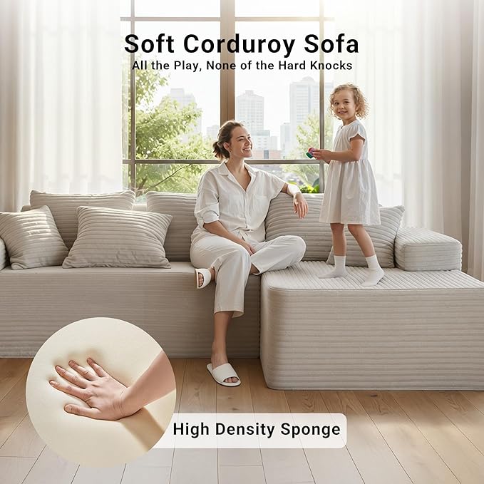 Claiks 104 Boneless Couch Cloud Couch Sectional L-Shape Corduroy Modular Sectional Sofa Deep Seat Upholstered Couches for Living Room No Assembly Required Beige Right Facing Chaise