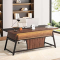 63-inch Executive Desk with Storage Shelf Large Home Office Desk with Metal Frame &amp LED Light Long Computer Desks for Home Office Walnut and Black