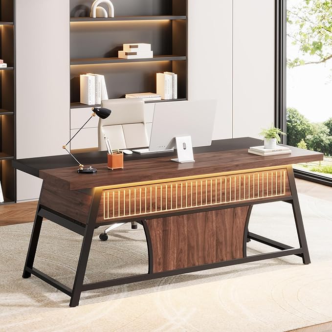 63-inch Executive Desk with Storage Shelf Large Home Office Desk with Metal Frame &amp LED Light Long Computer Desks for Home Office Walnut and Black