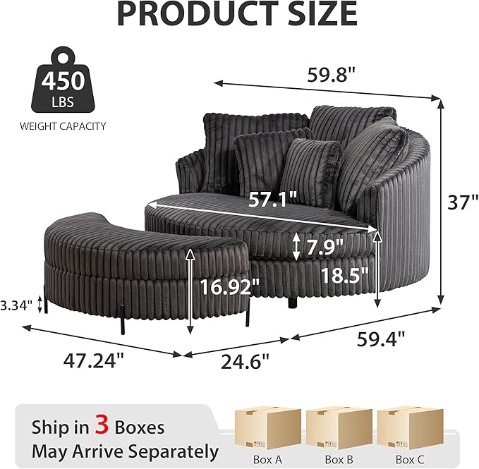 Chifee &amp Vingol 59.8 W Oversized Accent Round Chair Large Barrel Chair with Ottoman &amp Movable Wheels &amp 5 Pillows Faux Fur Fabric - Charcoal