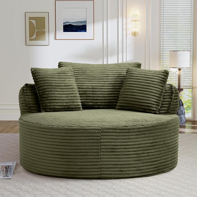 Antetek 53.5-inch Round Chair Modern Accent Corduroy Comfy Deep Seat Boneless Foam Floor Single Circle Chaise Sofa Chair with 3 Pillows for Living Room Bedroom Office No Assembly Required Green