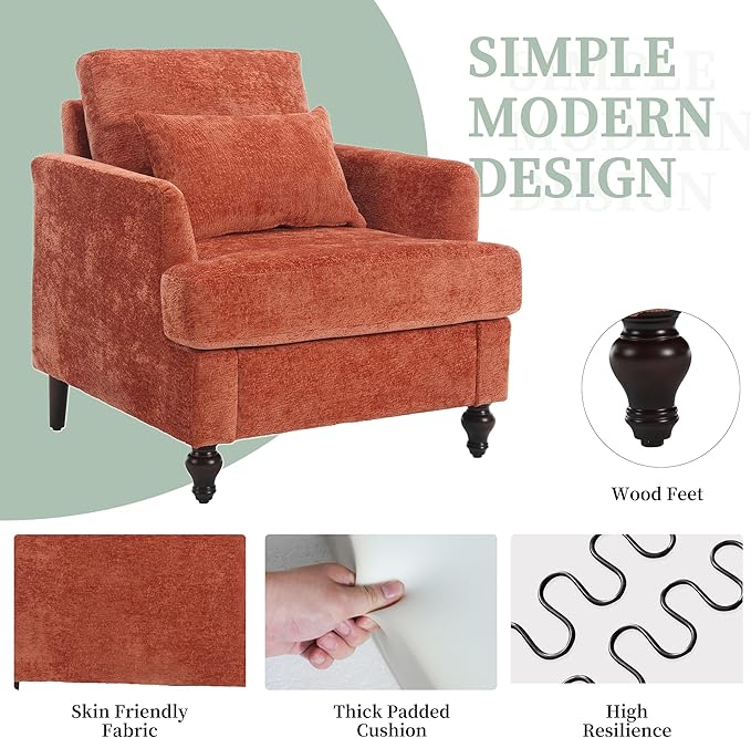 Modern Accent Chair Living Room Upholstered Chenille Armchair with Waist Pillow Single Sofa for Living Room Bedroom Office Orange