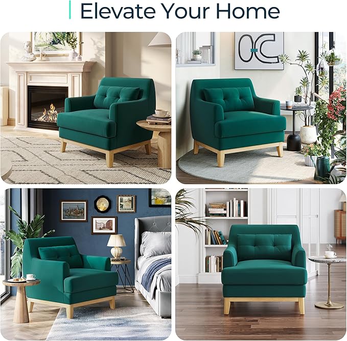 LINSY Accent Chair Large Reading Chair with Rubberwood Base Mid Century Modern Armchair with Lumbar Pillow Cozy Single Sofa Chair for Living Room Bedroom Office Study Velvet Arm Chair Green