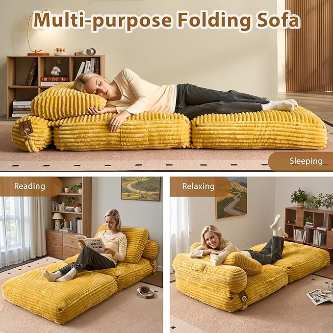 75'' Foldable Sofa Bed Convertible Sleeper Sofa with Pillow Boneless Corduroy Foldable Couch Bed Single Sleeper Chair for Small Spaces Living Room Bedroom StudioYellow