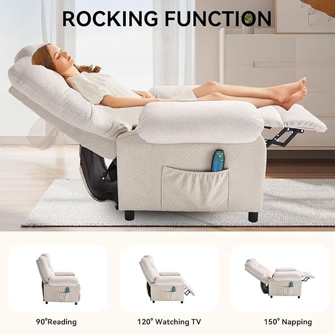KCREAM Recliner Chair with Massage and Heat Mid Century Overstuffed Manual Reclining Chair Heated Massaging Recliner Chair for Small Places White