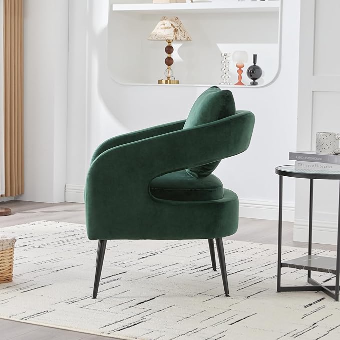 Mid Century Modern Accent Armchair - Velvet Upholstery with Removable CushionRound Arms &amp Sturdy Metal LegsComfortable Reading Chair for Living RoomBedroomApartment - Green FabricBlack Legs