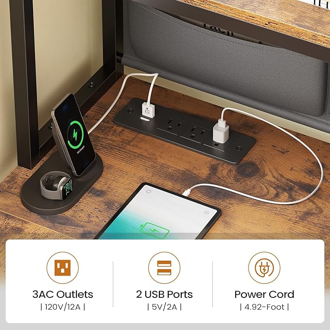 SEDETA L Shaped Computer Desk Home Office Desk with 2 Drawer and Bookshelf L Shaped Gaming Desk with LED Light Glass Cabinet and Storage Bag Corner Desk with Storage Shelves Rustic Brown