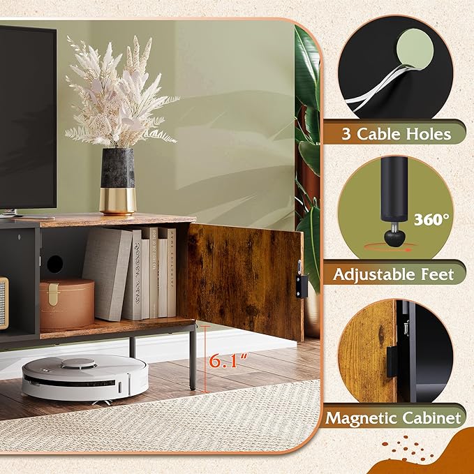 WLIVE TV Stand for 65 Inch TV Mid Century Modern Entainment Center with 2 Storage Cabinets &amp Open Shelf TV Console Table Media with Metal Legs for Living Room Bedroom Rustic Brown