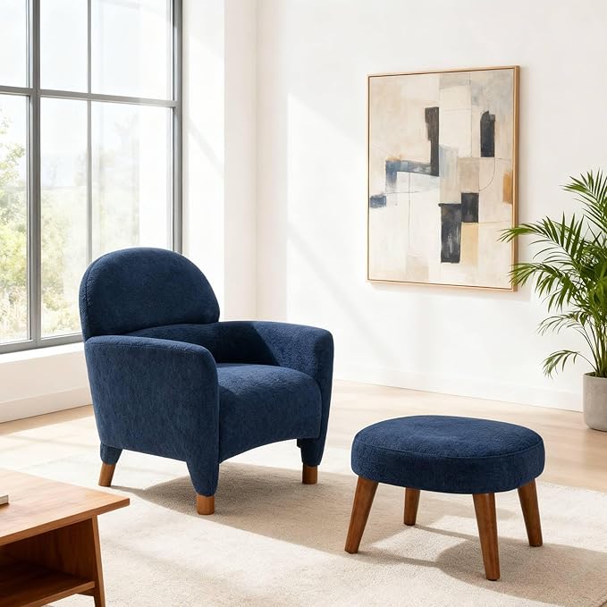 Modern Barrel Chair with Ottoman Upholstered Armchair with Wooden Legs Backrest Single Sofa Soft Cushion Seating Comfy Lounge Chair for Living RoomBedroomReading Corner (Blue)